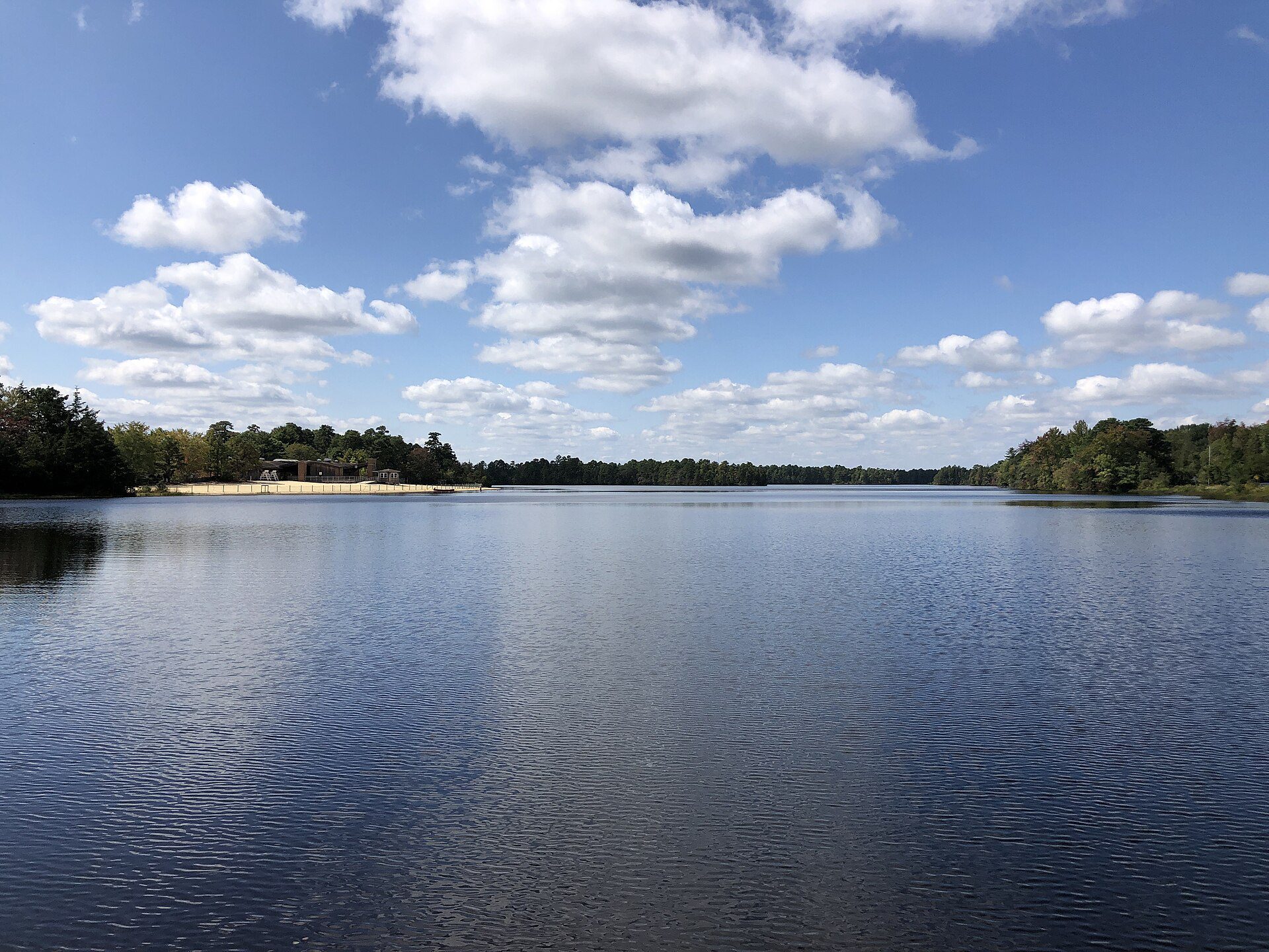 Calm view across Lake Atsion in Wharton State Forest under a bright sky.